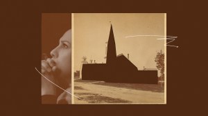 A cut-out church and a person praying.