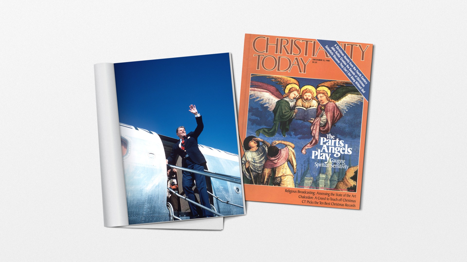 An image of Ronald Reagan and a magazine cover from the CT archives.