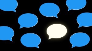 Blue message bubbles and one gold glowing one.