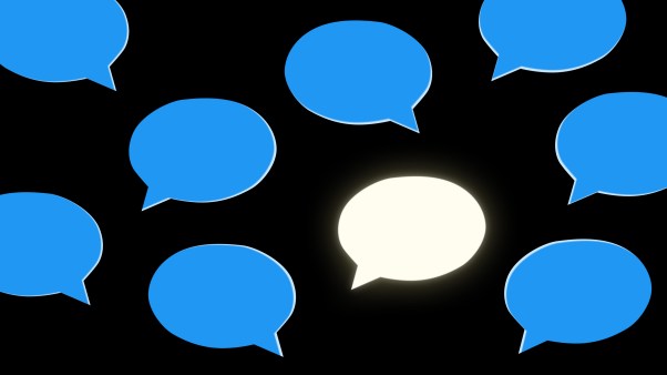 Blue message bubbles and one gold glowing one.