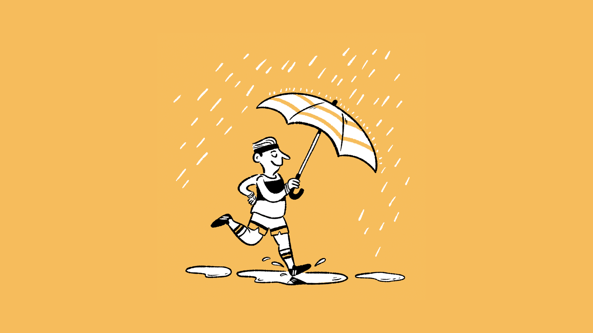 Black-and-white cartoon illustration of a smiling runner jogging through puddles in the rain while holding a striped umbrella against a yellow background.