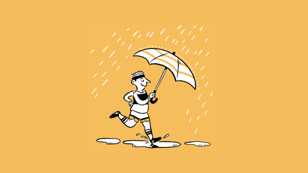 Black-and-white cartoon illustration of a smiling runner jogging through puddles in the rain while holding a striped umbrella against a yellow background.
