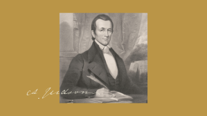 Engraved portrait of pioneer missionary Adoniram Judson seated at a desk with a quill pen, set against a gold background with his cursive signature.