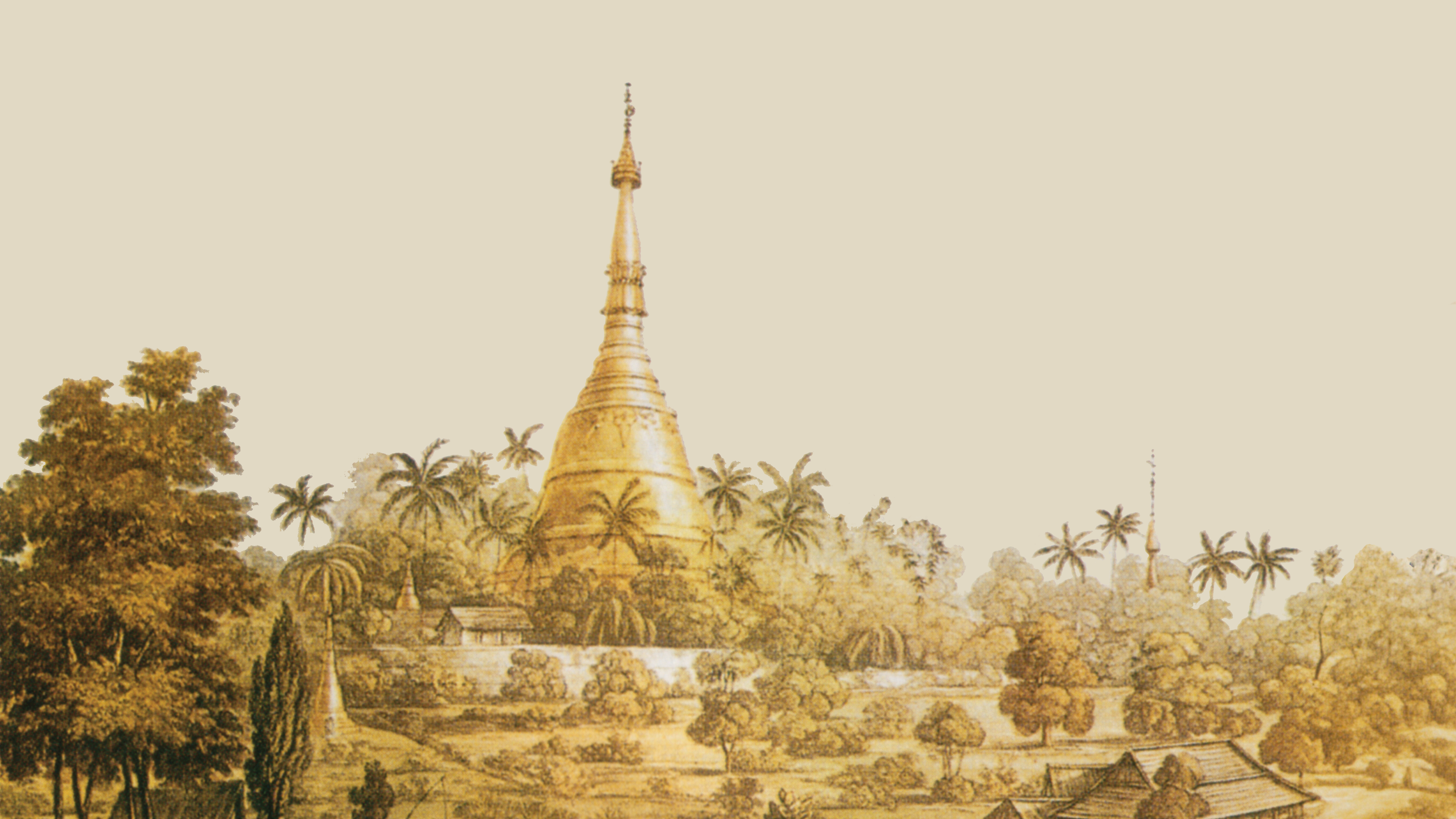 Sepia-toned illustration of the golden Shwedagon Pagoda rising above palm trees and lush vegetation.