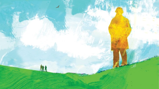 Painterly illustration of three small figures gazing up at a towering golden silhouette of Charles Darwin.