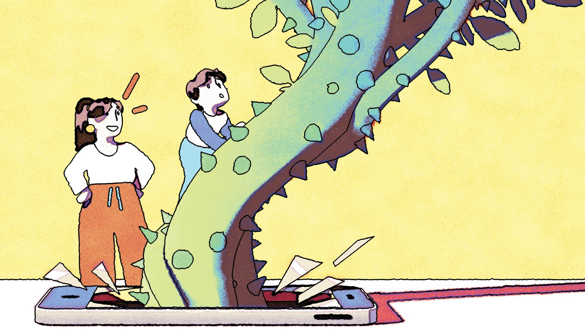 Cartoon illustration of a kid clinging to a giant thorny vine sprouting from a smartphone, watched by his mother.
