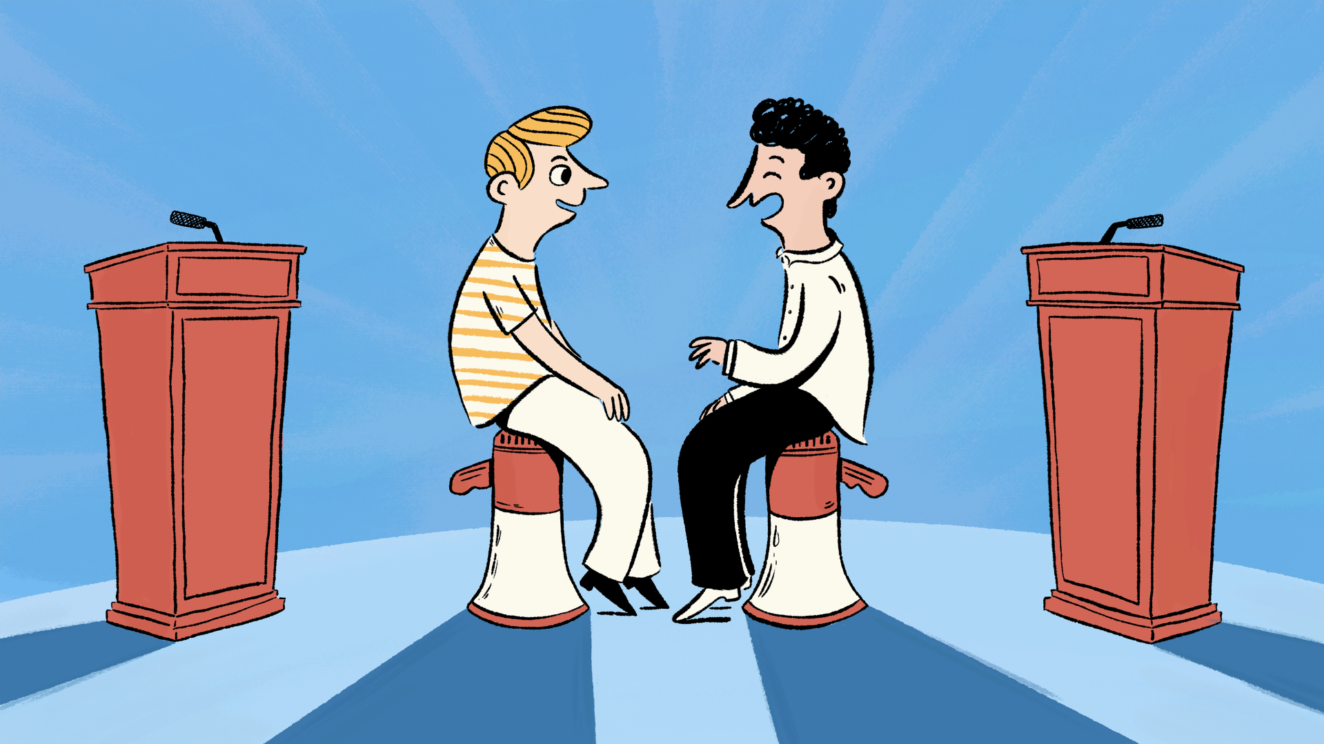 Cartoon illustration of two political candidates sitting knee-to-knee on stools in front of empty podiums, engaged in friendly conversation.