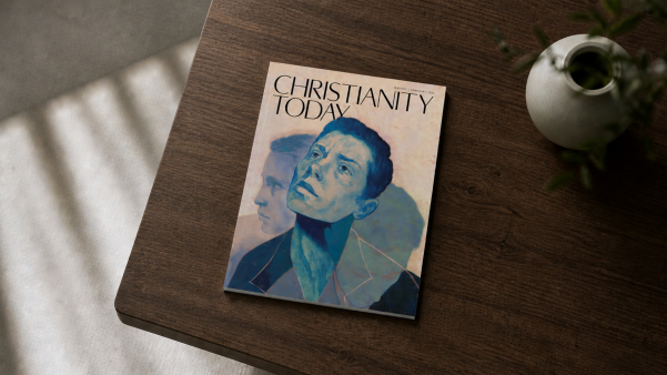 The January/February 2026 issue of Christianity Today magazine sits on a dark wooden table.
