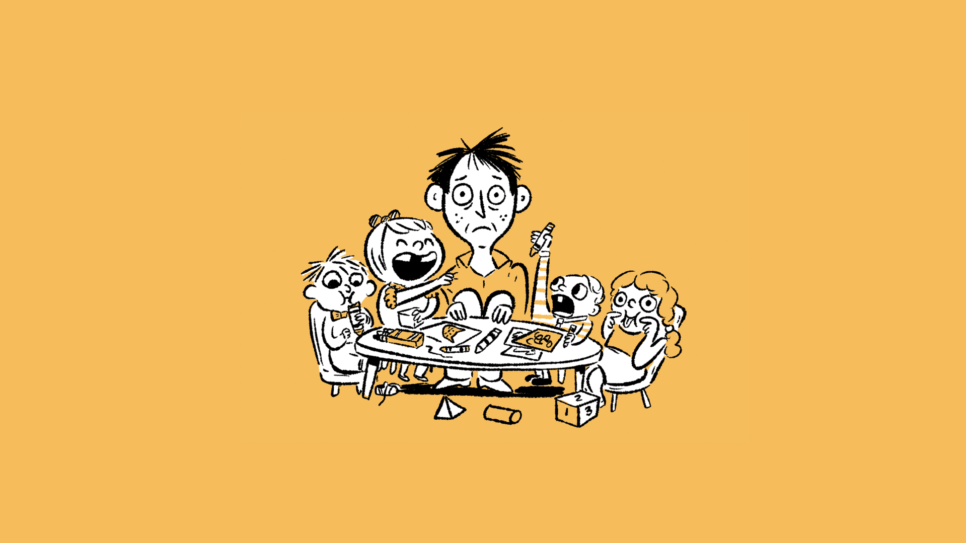 Black-and-white cartoon of an exhausted, wide-eyed parent surrounded by four energetic children scribbling and playing at a craft table on a yellow background.