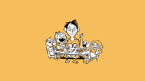 Black-and-white cartoon of an exhausted, wide-eyed parent surrounded by four energetic children scribbling and playing at a craft table on a yellow background.