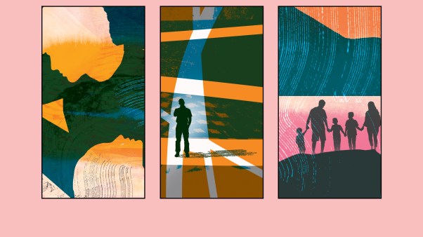 Composite image featuring three editorial-style illustrations: an abstract collage of overlapping silhouetted figures; a lone silhouetted person standing at the intersection of multiple converging paths; and a silhouetted family on a hillside at sunset.