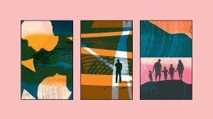 Composite image featuring three editorial-style illustrations: an abstract collage of overlapping silhouetted figures; a lone silhouetted person standing at the intersection of multiple converging paths; and a silhouetted family on a hillside at sunset.