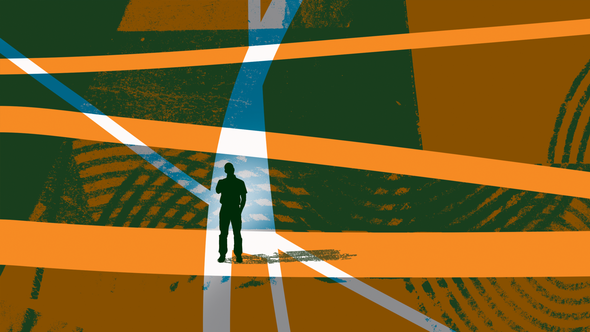 Stylized illustration of a lone silhouetted figure standing at the intersection of multiple converging paths in an orange and green landscape.