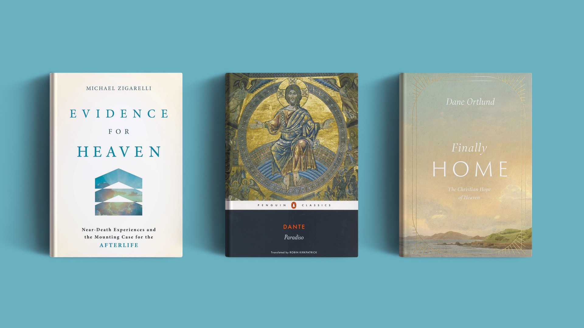 Three books on a blue background.