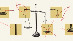 Fragmented justice scales and red pen marks.