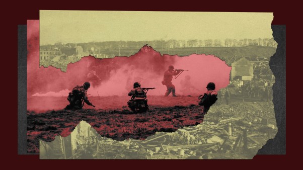 A collage of photographs showing soldiers in action and war-torn cities.