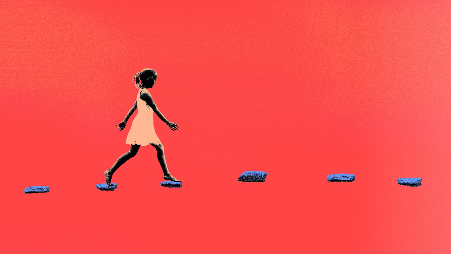 A girl walking on floating stepping stones.